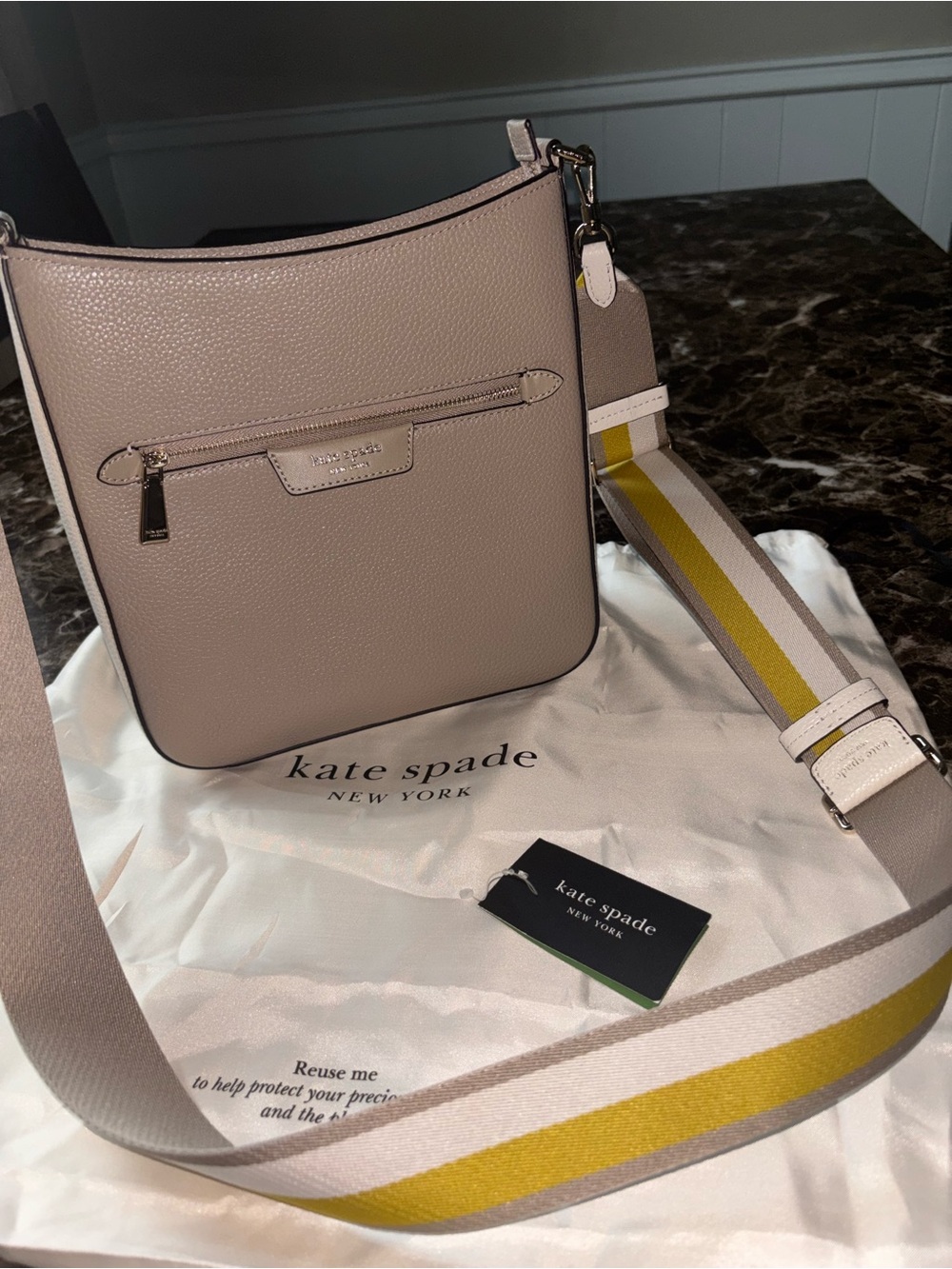 Kate Spade - Pebbled Leather Crossbody in Taupe with Yellow-Striped Strap - Picture 2 of 9
